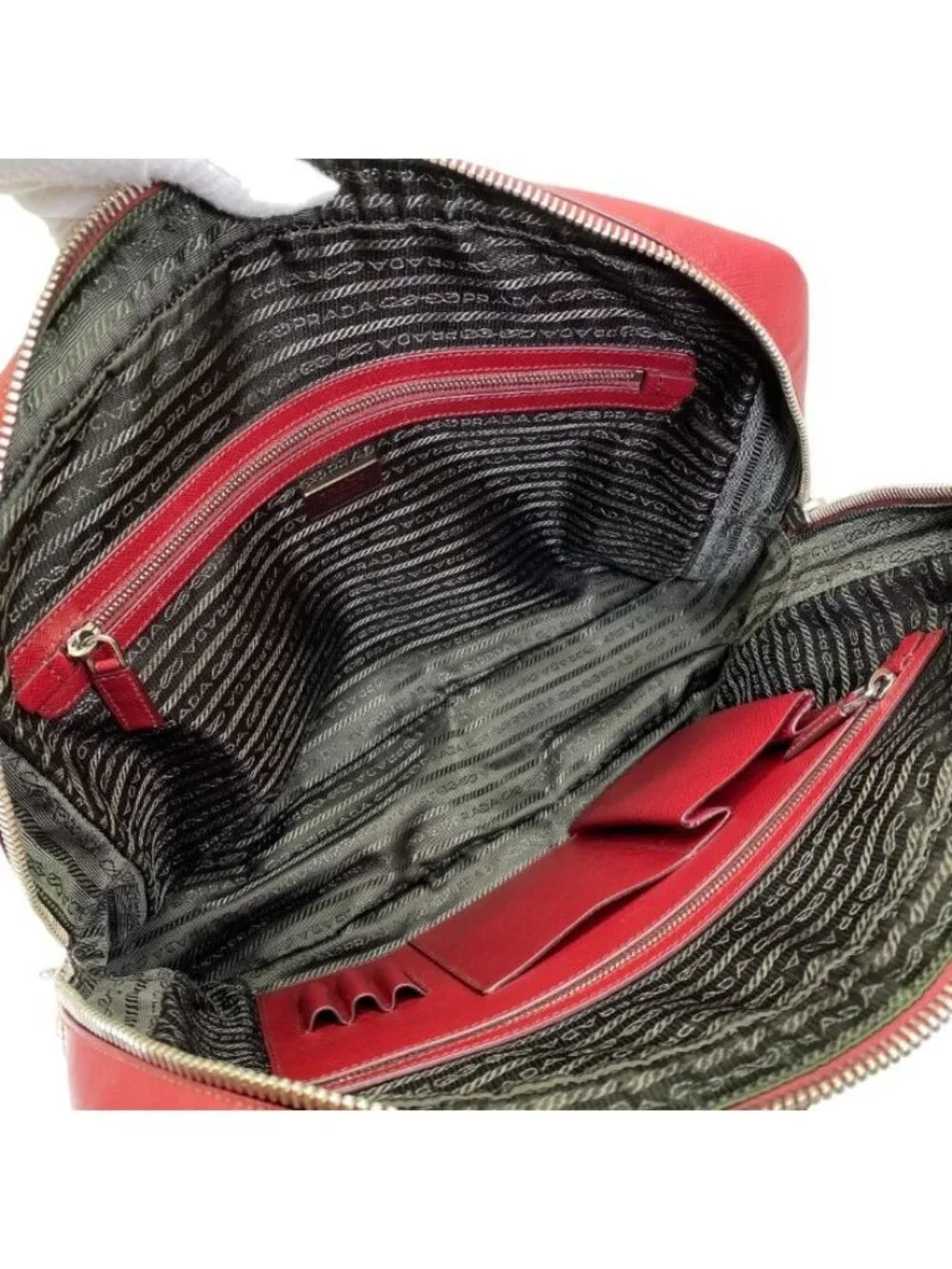 Prada Business Briefcase Handbag Triangle Logo Saffiano Leather Red Document
